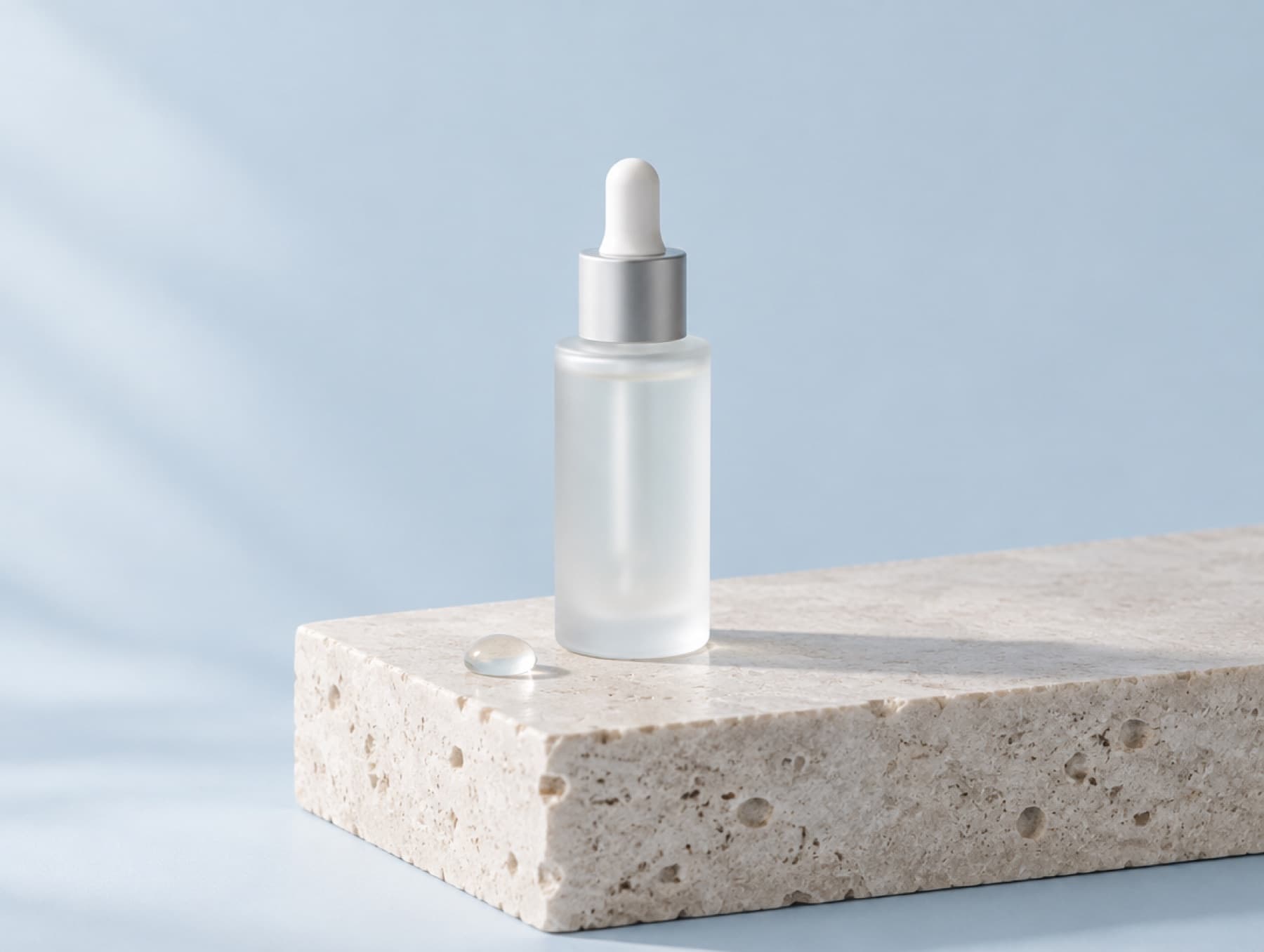 Frosted glass serum bottle on a travertine block